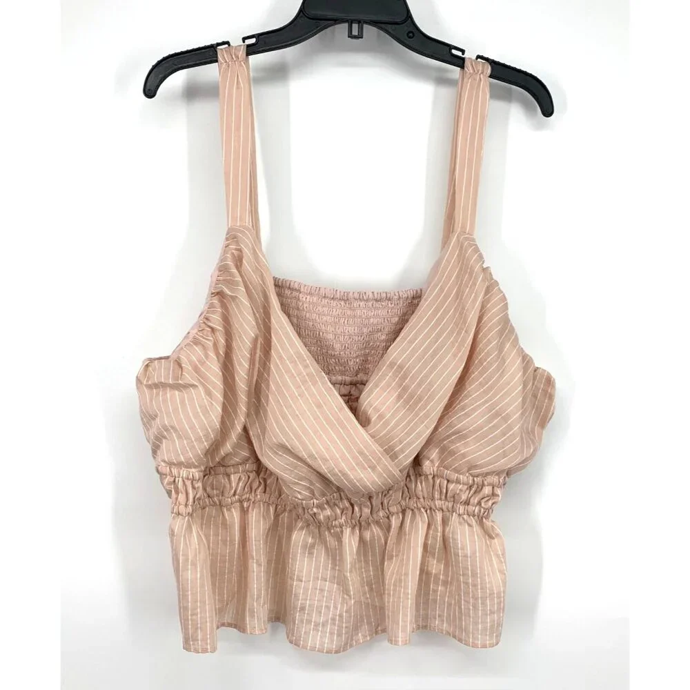 Anthropologie Maeve Top Shirred Peplum Crop Pink Stripe Sleeveless